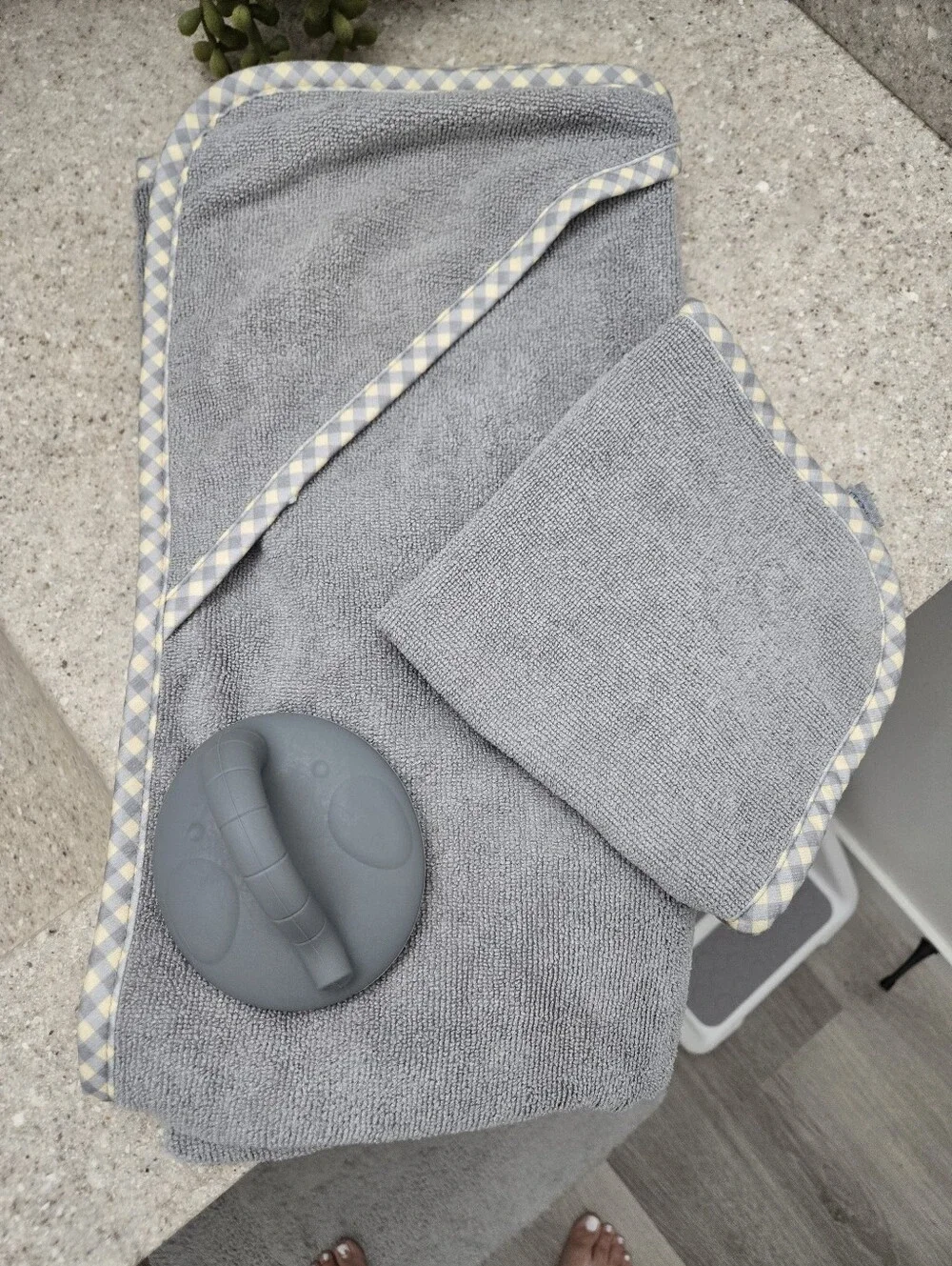 Norwex Gray Hooded Baby Towel with Check Trim